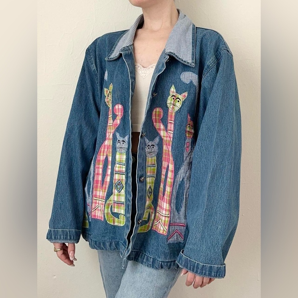 Vintage 1990s Shabby Chic Denim Novelty Cat Jean Jacket